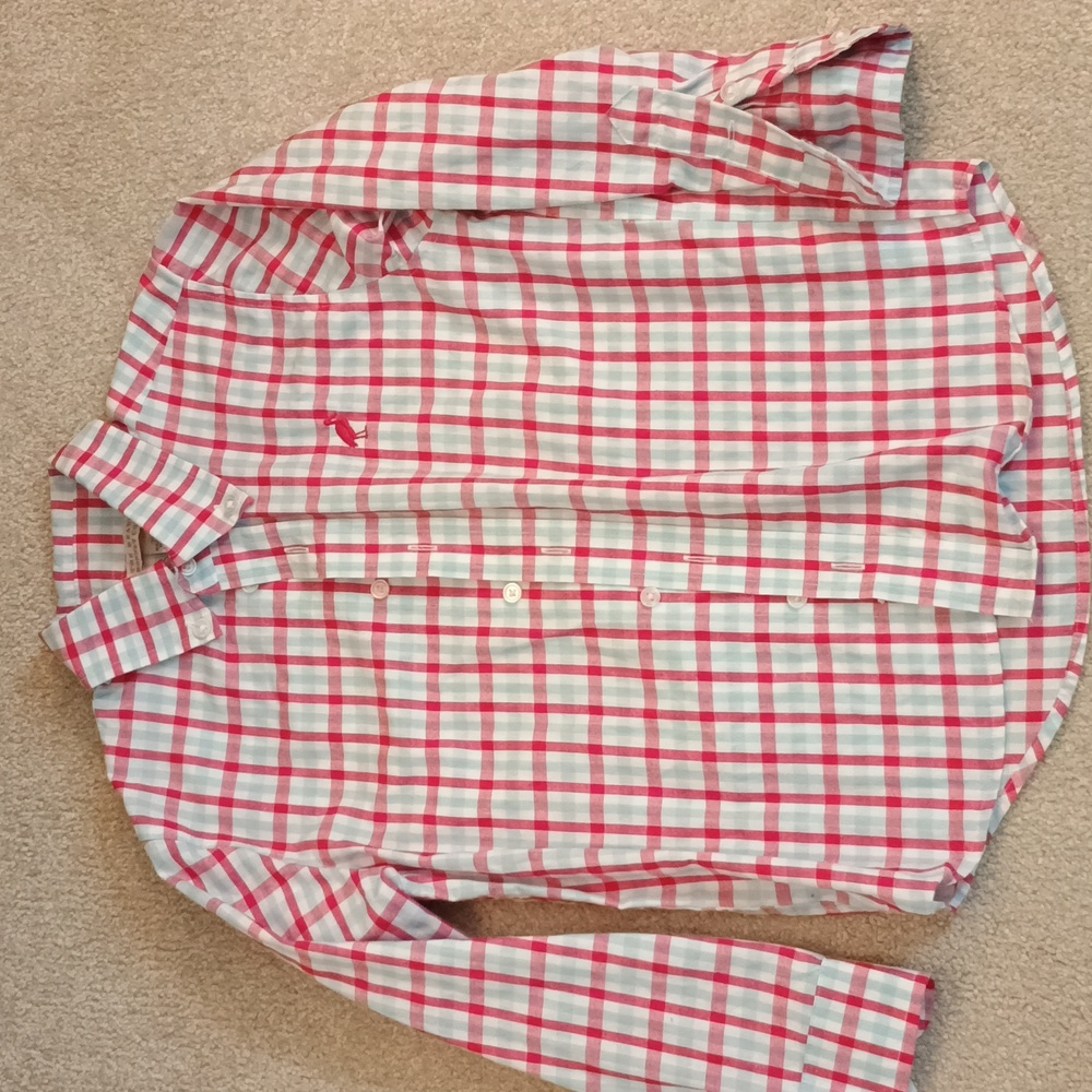 The Beaufort Bonnet, dark pink and light blue button down shirt, size 6